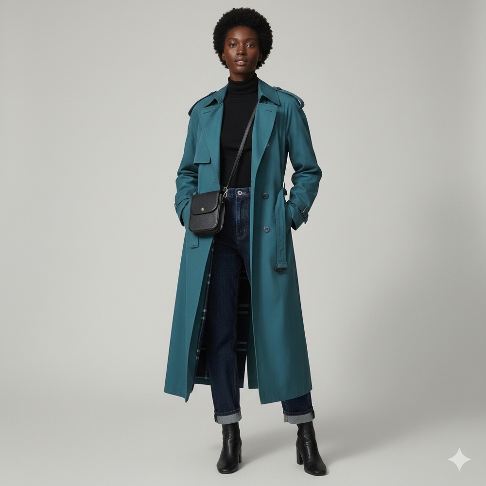 ​Vintage Karizma Women's Teal Double Breasted Trench Coat Plaid Wool Liner 9/10